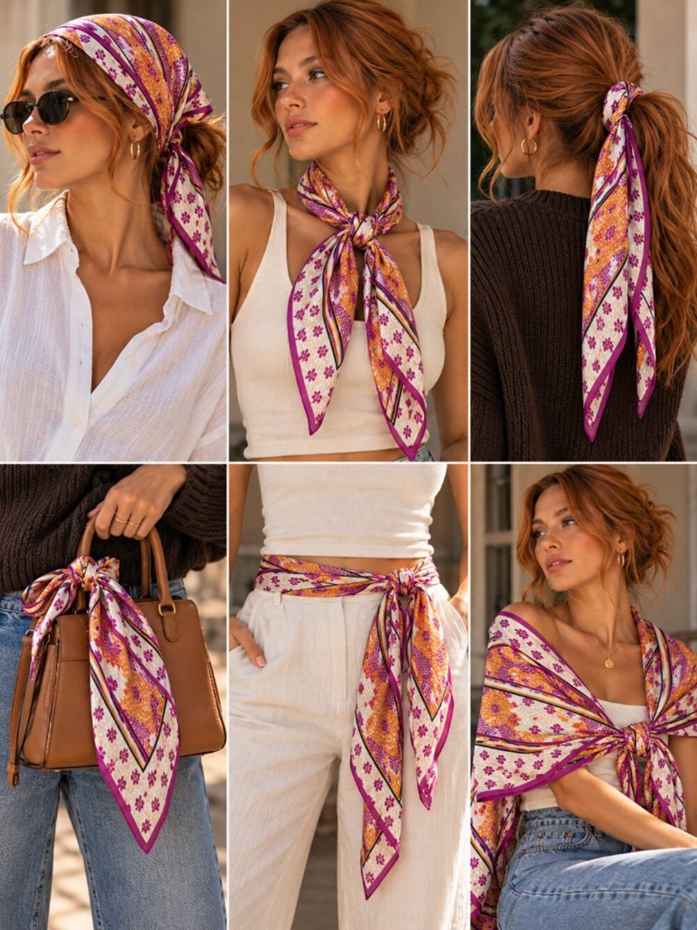 Nicole Miller 100% Silk Scarf Orange Pink Geometric Boho Neck Hair Scarf 14x52